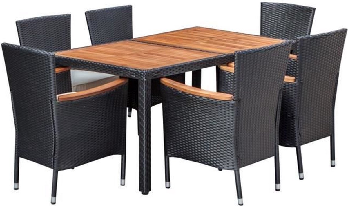 Tuinset voor 6 personen - tafel 180x100cm + 6 fauteuils - blad Acacia FSC en structuur geweven hars - Zwart - PARIJS
