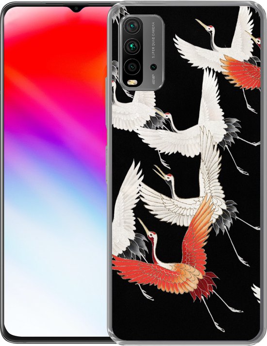 Coque Xiaomi Redmi 9T - Japandi - Grue - Rouge - Wit - Coque de téléphone en Siliconen