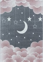 Tapis pour enfants à poil ras Motif de étoilé nuage lune Rose