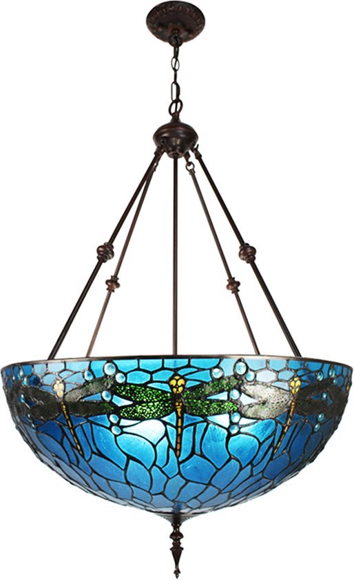 LumiLamp Hanglamp Tiffany Ø 61*190 cm E27/max 3*60W Blauw, Groen, Geel Metaal, Glas Libelle Hanglamp Eettafel Hanglampen Eetkamer Glas in Lood