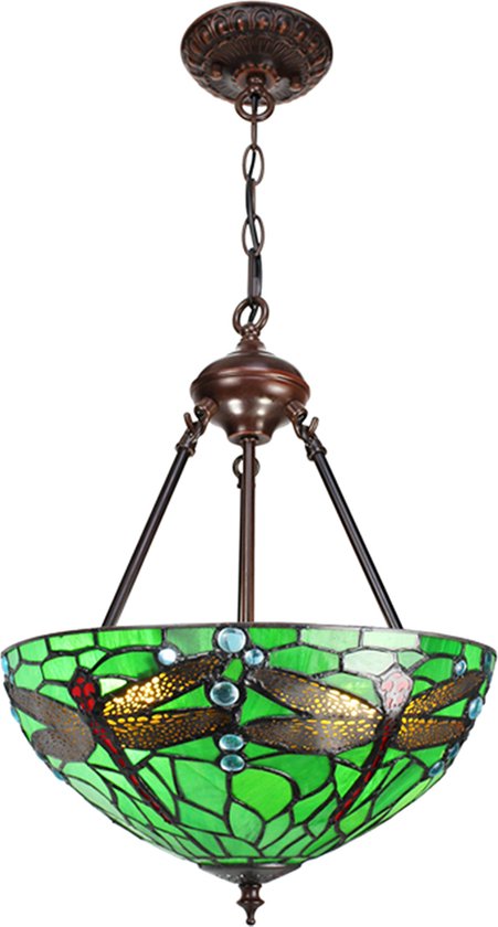 LumiLamp Hanglamp Tiffany Ø 31x155 cm Groen Metaal Glas Libelle Hanglamp Eettafel