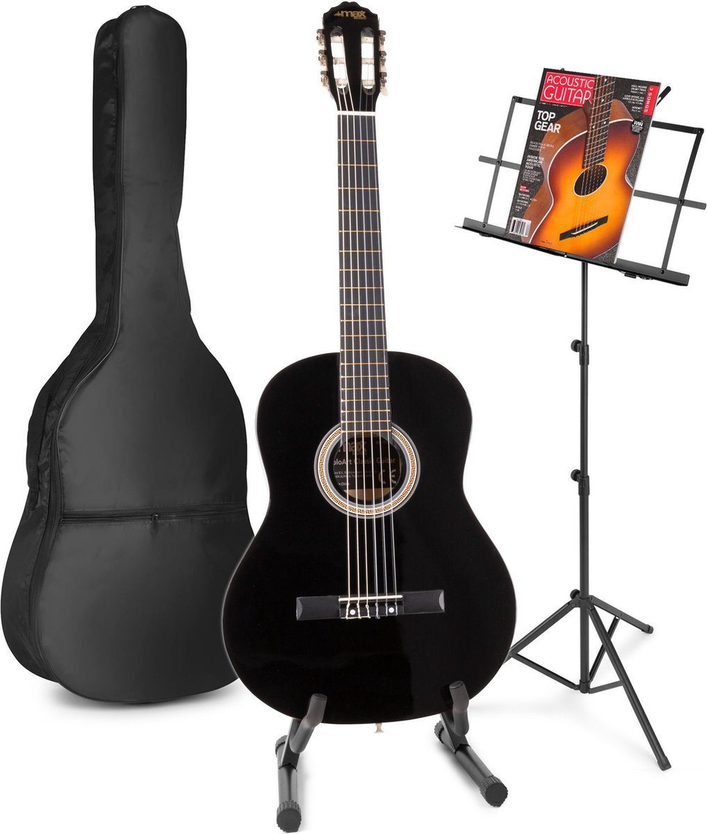Akoestische gitaar voor beginners - MAX SoloArt klassieke gitaar / Spaanse gitaar met o.a. 39'' gitaar, gitaar standaard, muziekstandaard, gitaartas, gitaar stemapparaat en extra accessoires - Zwart