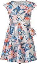 Meisjes jurk kapmouwen met een bijpassend tasje -roze bloemen/flamingo en blauwe bladeren | Maat 104/ 4Y