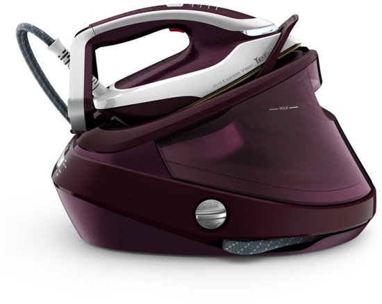 Tefal Pro Express Vision stoomgenerator met bordeauxrode tank en strijkijzer.