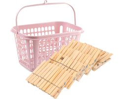 Wasknijpers verzamelen kunststof oud roze mandje met haak en 150x stuks houten knijpers 7.5 cm - Was ophangen