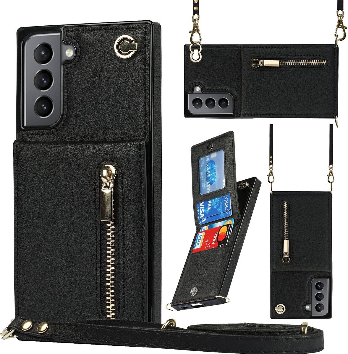 Wallet hoesje met koord geschikt voor Samsung S21 FE - Zwart