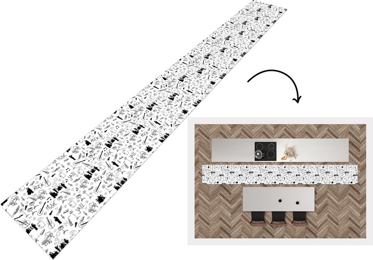 KitchenYeah Keukenloper - Keukenmat - Muziek - Patronen - Zwart Wit - 480x60 cm - Keuken vloerkleed Zwart; Wit