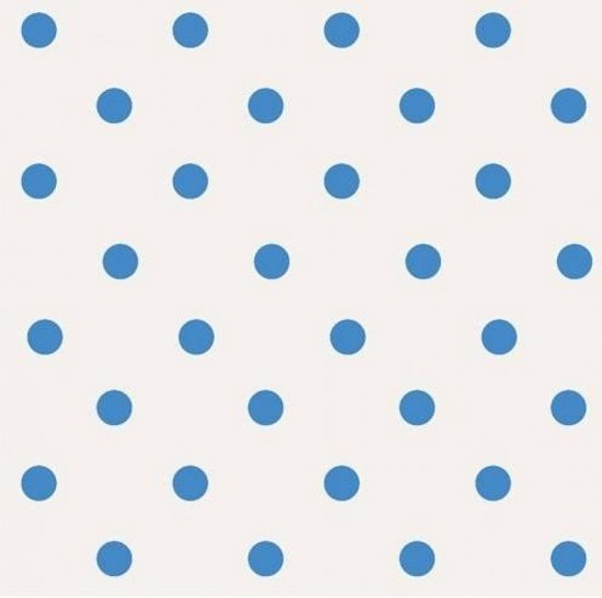 Beige behang met een patroon van kleine, regelmatige blauwe stippen.
