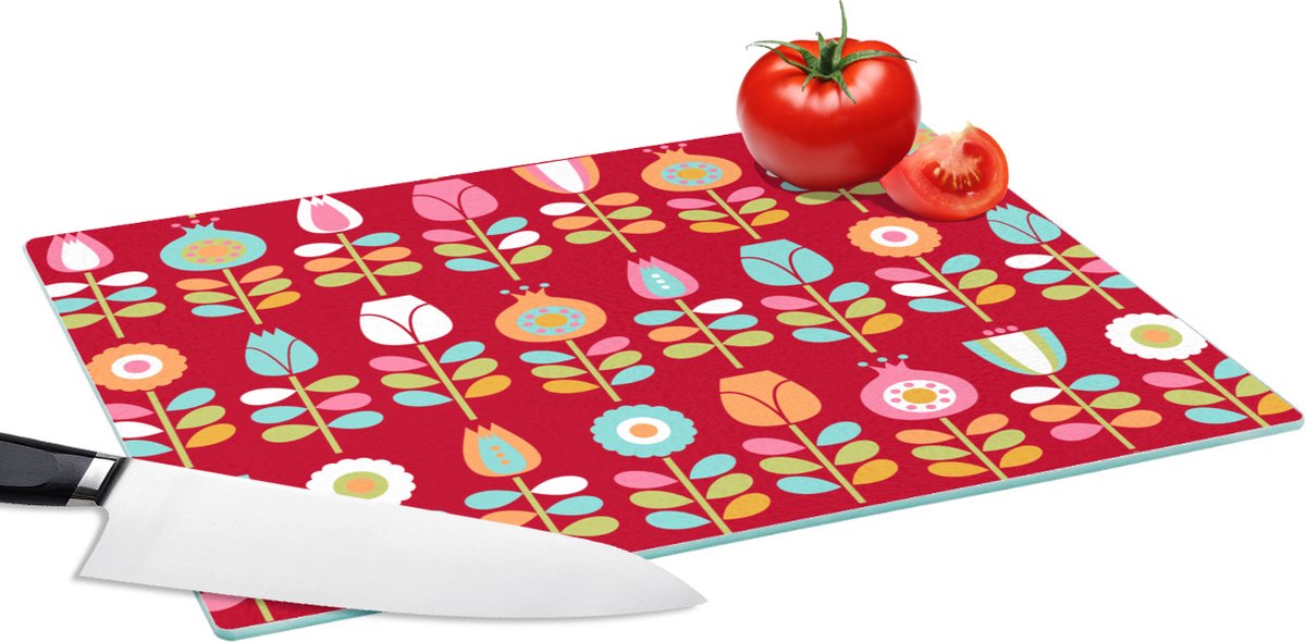 Glazen Snijplank - 39x28 - Patronen - Bloemen - Retro - Rood - Snijplanken Glas
