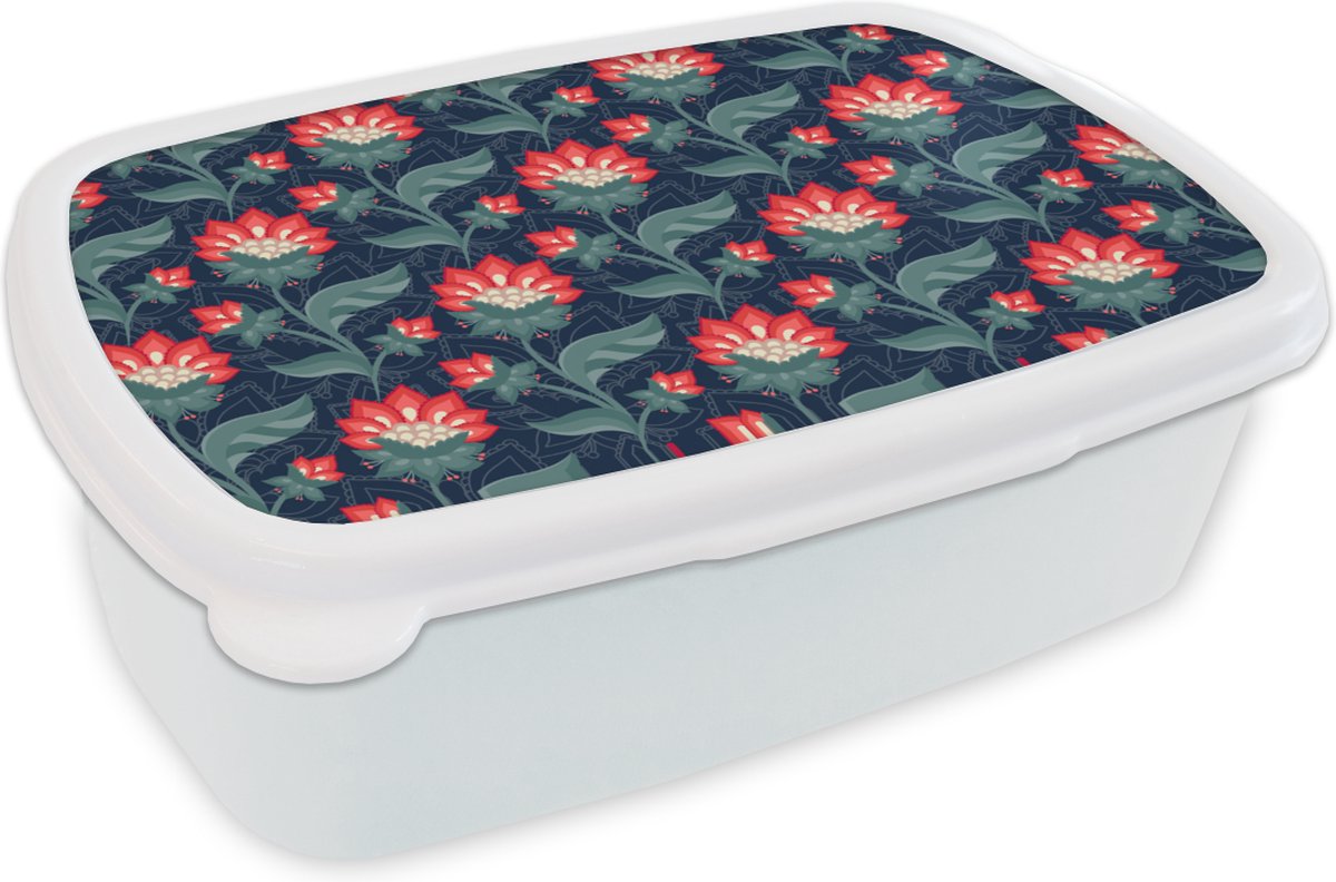 Broodtrommel Wit - Lunchbox - Brooddoos - Design - Bloemen - Rood - 18x12x6 cm - Volwassenen