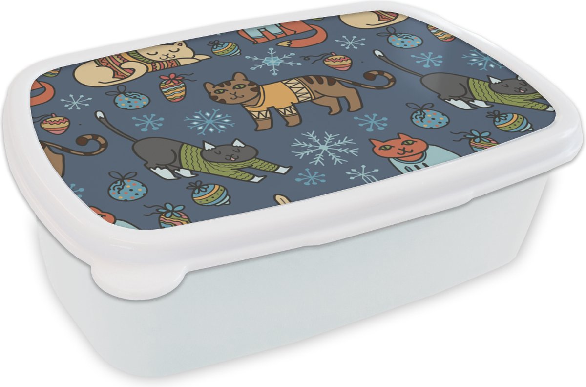Broodtrommel Wit - Lunchbox - Brooddoos - Kat - Dieren - Kerst - Patroon - 18x12x6 cm - Volwassenen