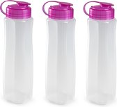 6x stuks kunststof waterflessen 1000 ml transparant met dop roze - Drink/sport/fitness flessen