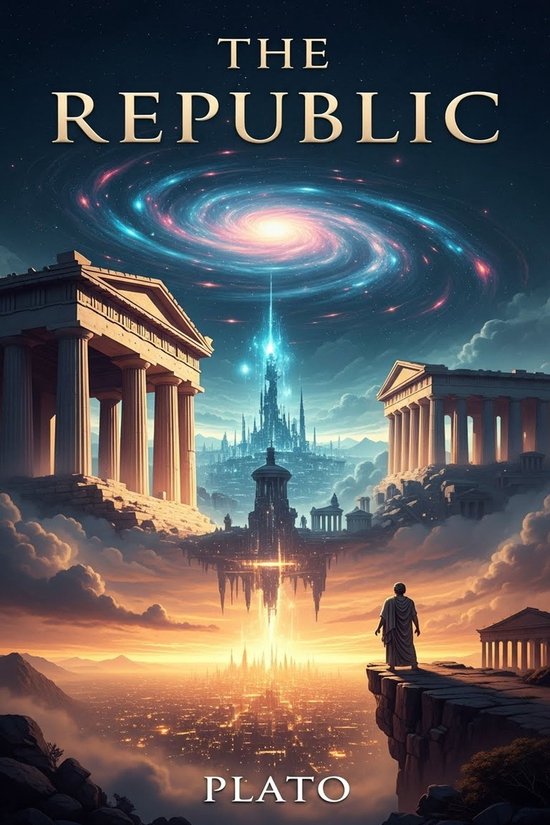 De tekst 'THE REPUBLIC PLATO' staat op een boekcover met een Griekse tempel en een futuristische stad onder een kosmische nevel.