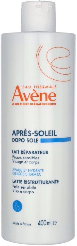 Witte fles Avene After-Sun herstellende lotion, 400 ml, voor gezicht en lichaam.