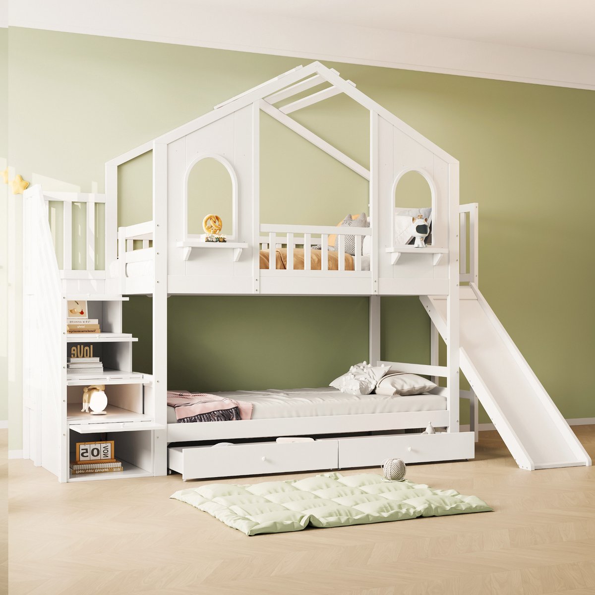 REDOM Kinderbed 90x200 cm van hout – Etagenbed met glijbaan, opbergladder en 2 lades – Wit