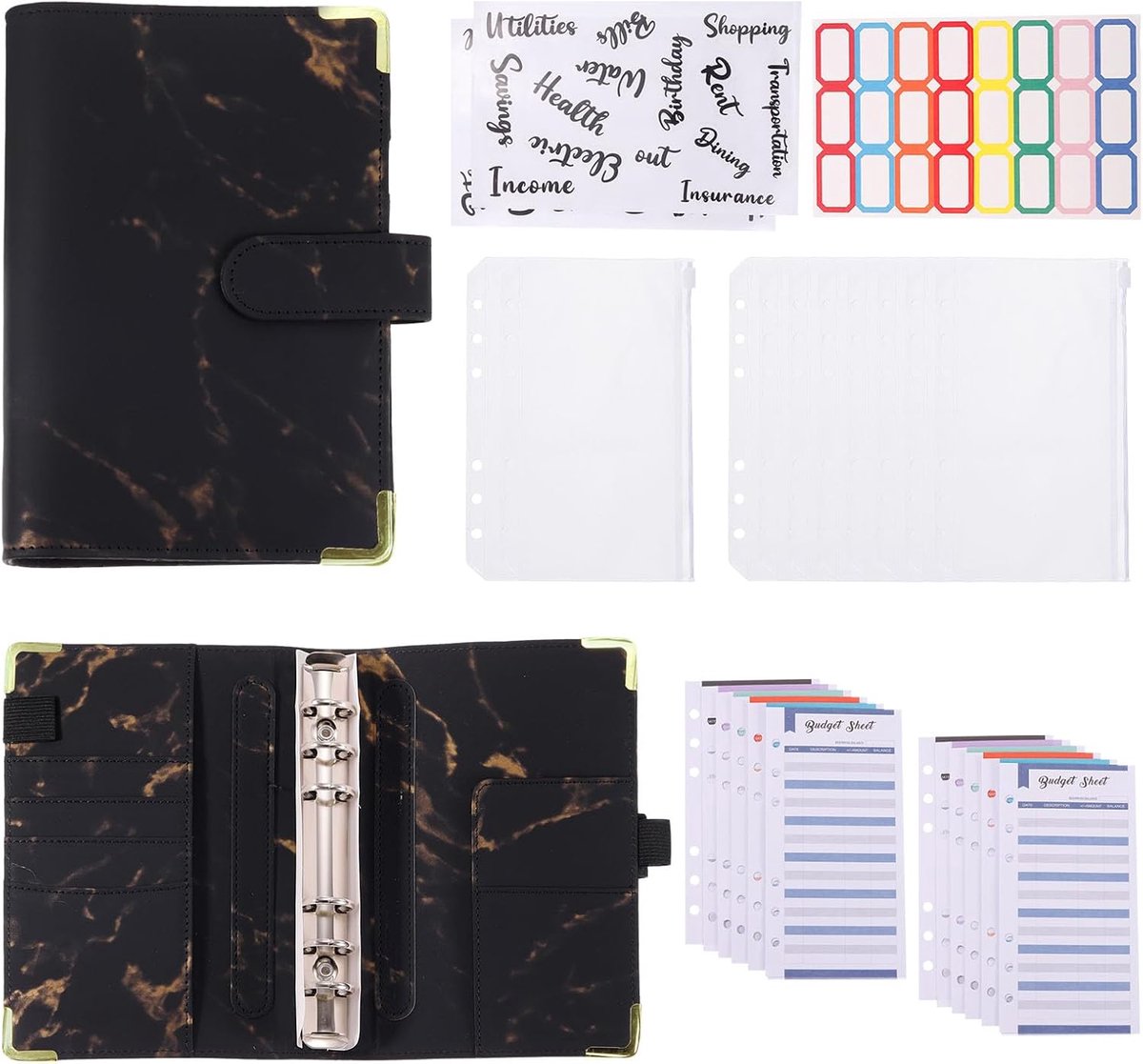 A6 Household Boek met Rits Enveloppen - Geldbinder PU Leer - Cash Organiser Budgettering Besparen Uitgeven Stijl 5 Zwart