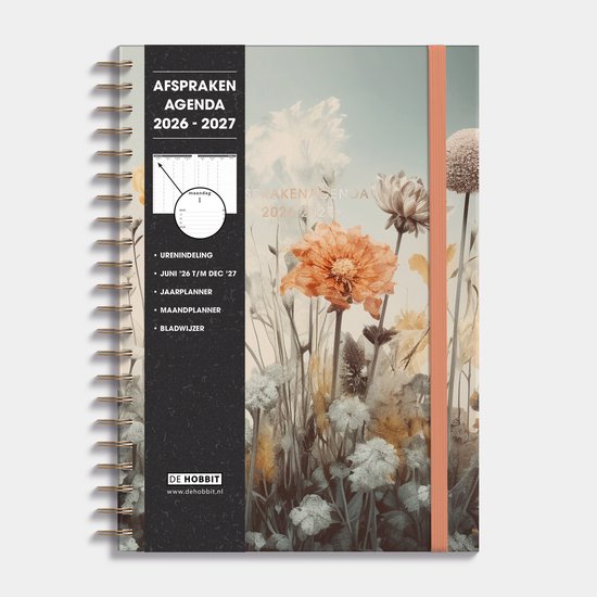 Hobbit - Afsprakenagenda 2026 - 2027 - A4 (21 x 29,7 cm) - Tijdindeling per kwartier - Zakelijke Agenda - 1 week op 2 pagina's - Ringband Agenda - Harde Kaft - Veldbloemen