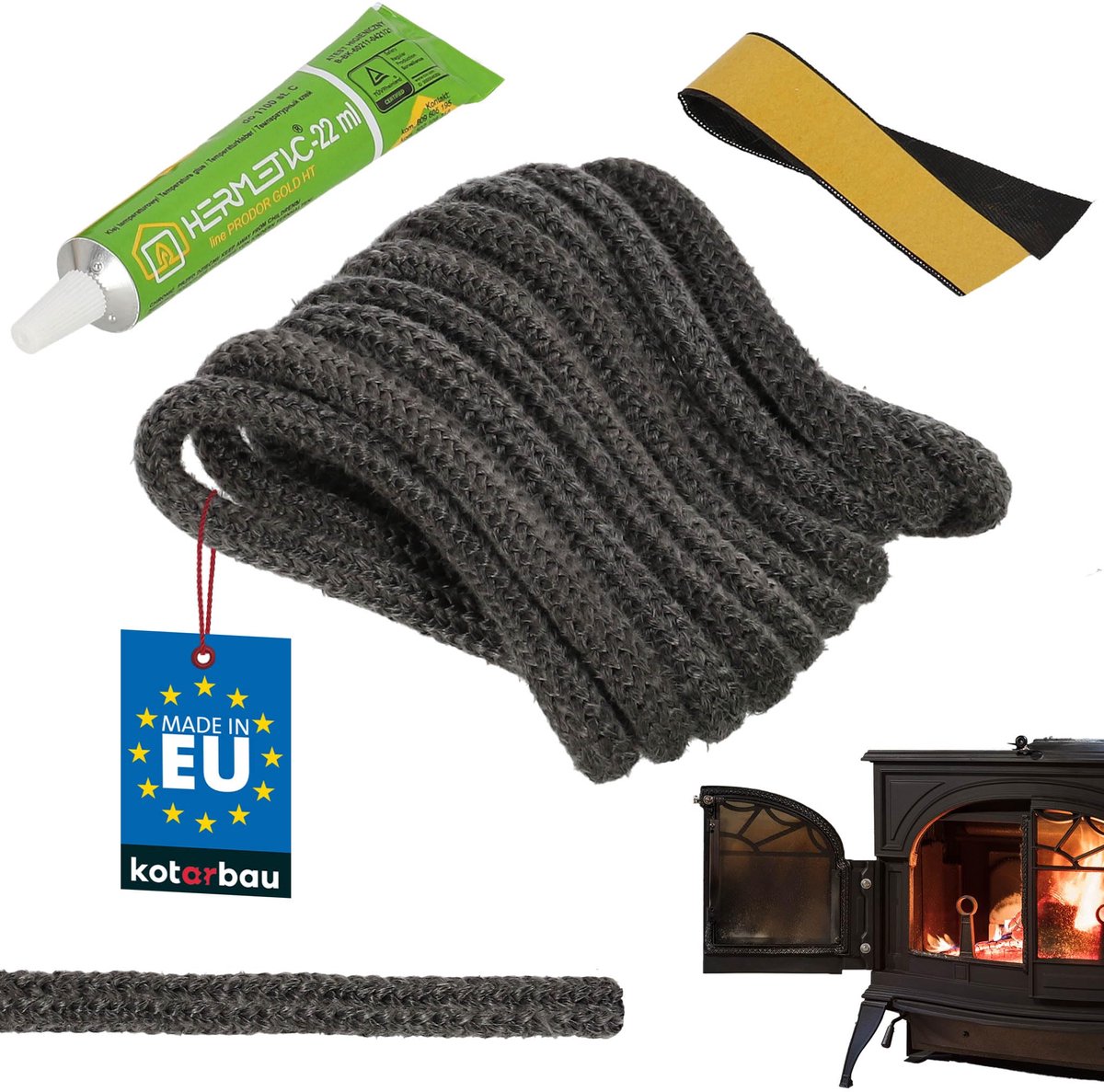 KOTARBAU® Kachelkoord Met Lijm, Ovenafdichtkoord, Glasvezel, ? 9 mm, 2,5 m, Glasvezelkoord, Hittebestendig Afdichtingskoord, Kachelafdichting, Vuurvast Koord, Deurkoord Kachel, Zwart