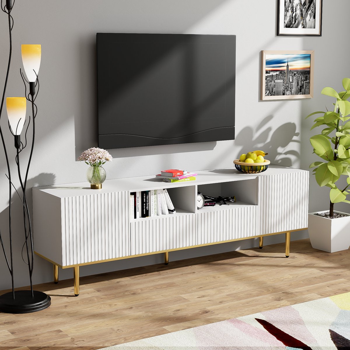 MIVRAY Televisiemeubel - Modern Opbergmeubel Met 2 Lades En 2 Vakken - Voor Woonkamer En Multimedia - Spaanplaat Wit - 165x36x55 Cm