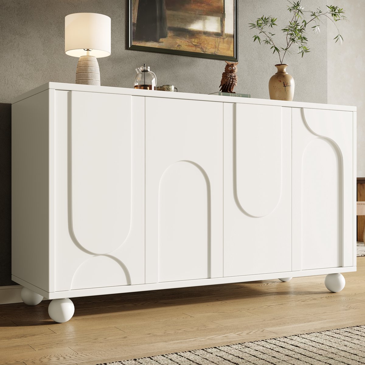 MIVRAY Dressoir - Opbergkast Met Patroondeuren En Verstelbare Plank - Stille Druksluiting Voor Woonkamer En Eetkamer - Wit - 120x35x71 Cm