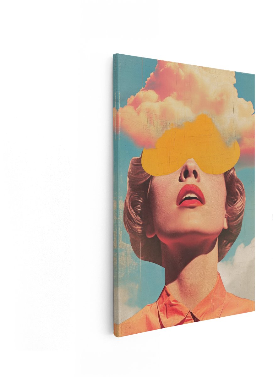 Artaza Canvas Schilderij Retro Vrouw - 80x120 cm - Wanddecoratie Vintage - Muurdecoratie Wolken - Decoratie Pop Art Lippen