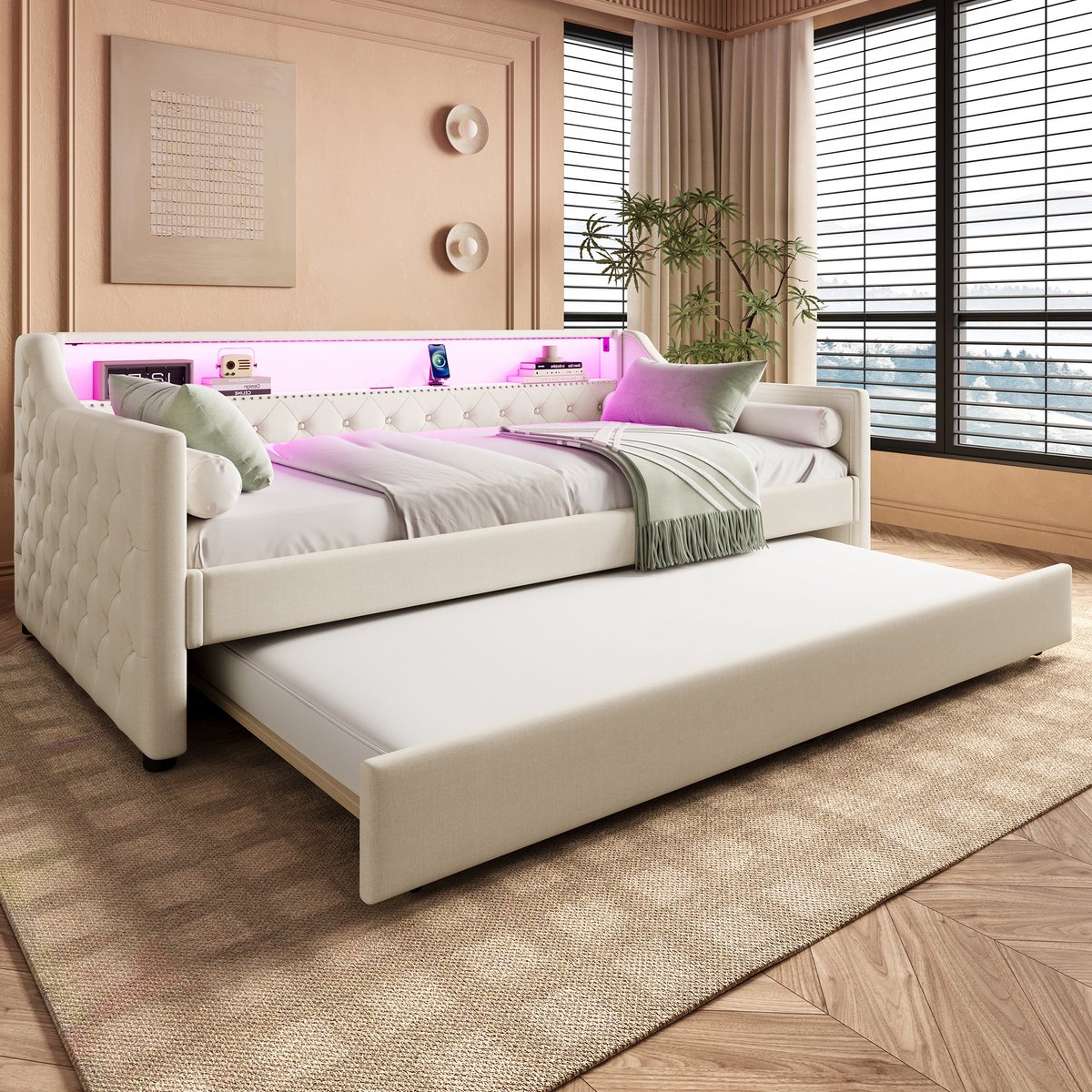 MIVRAY Slaapbank 90x200cm - Bedbank Met Uitschuifbed, Led Verlichting En Usb Aansluiting -