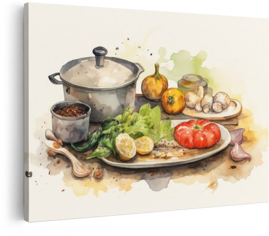 Canvas schilderij met aquarel van verse ingrediënten: tomaat, citroen, sla, champignons, pan.