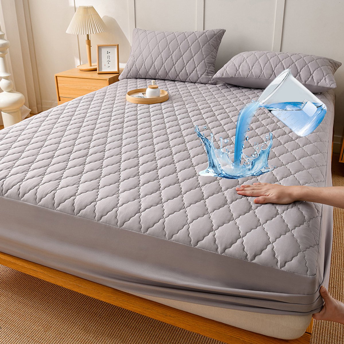 Waterdichte matrashoes en kussensloopset, matrasbeschermer, waterdicht TPU-membraan, eenvoudig te installeren, ademend en elastisch, zacht en comfortabel, wasbaar,Lichtgrijs,140x200cm