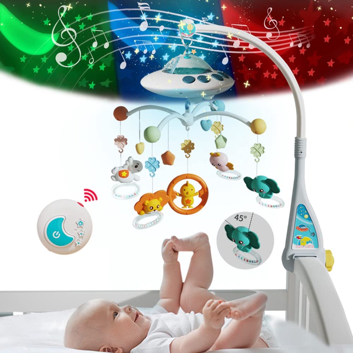 Muzikale Babywiegmobiel met Nachtlampjes en Rustgevende Muziek - Hangende Draaiende Rammelaars - met Muziek, Licht, Afstandsbediening en Draaifunctie - voor Jongens en Meisjes, Speelgoed voor Pasgeboren Baby's (Blauw)