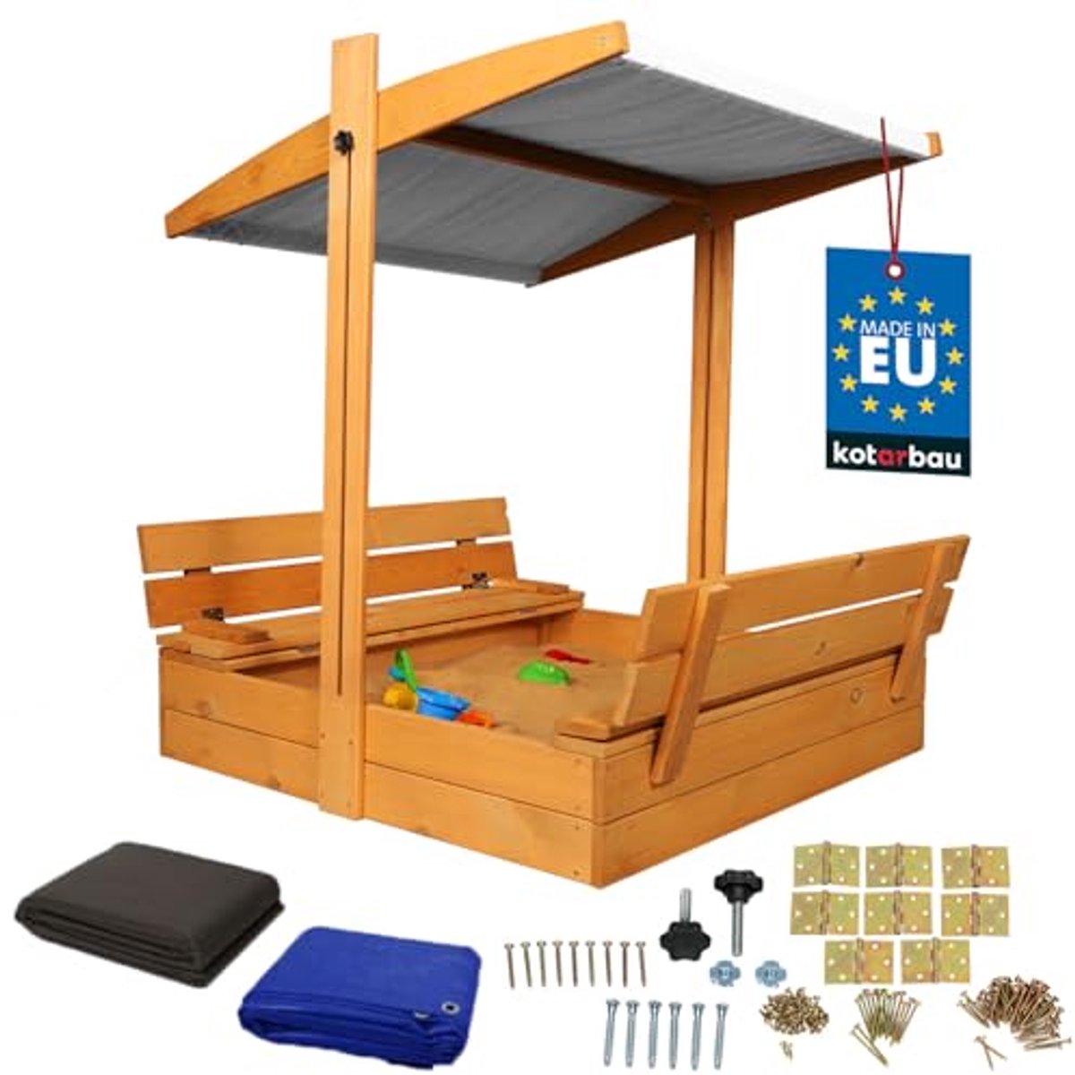 KOTARBAU® Houten Zandbak - 100 x 100 cm - Bruin - Zandbak met Bankjes - met Grijs Dak - en Grondzeil - voor Tuin - Buitenspeelgoed