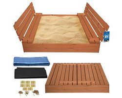 KOTARBAU® Houten Zandbak - 140 x 140 cm - Bruin - Zandbak met Deksel - en Bankjes - Met Grondzeil - Geïmpregneerd - Buitenspeelgoed