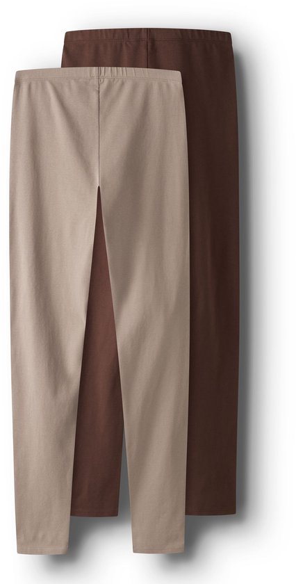Twee leggings: een bruine en een taupe legging met elastische tailleband.