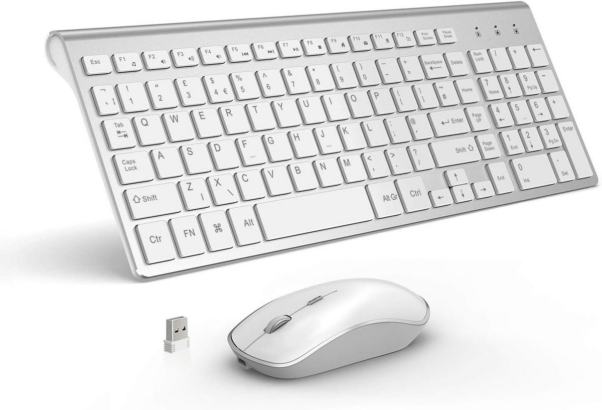 Draadloos Toetsenbord en Muis Set, Oplaadbare Volledig Formaat QWERTY Zilver Wit
