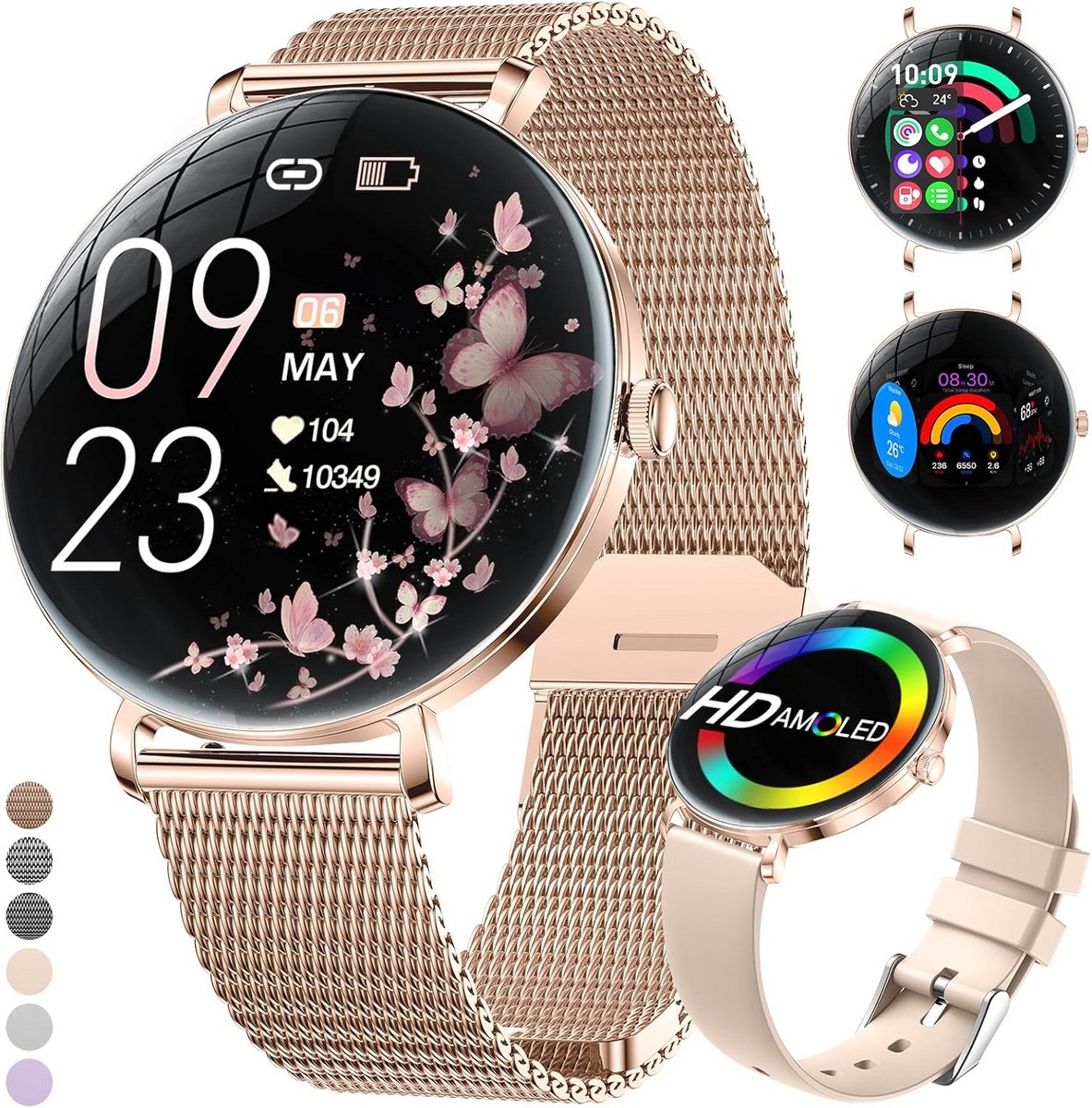 Smartwatch Dames Roségoud met HD AMOLED Scherm, Bellen, Stappenteller & IP68 Waterdicht