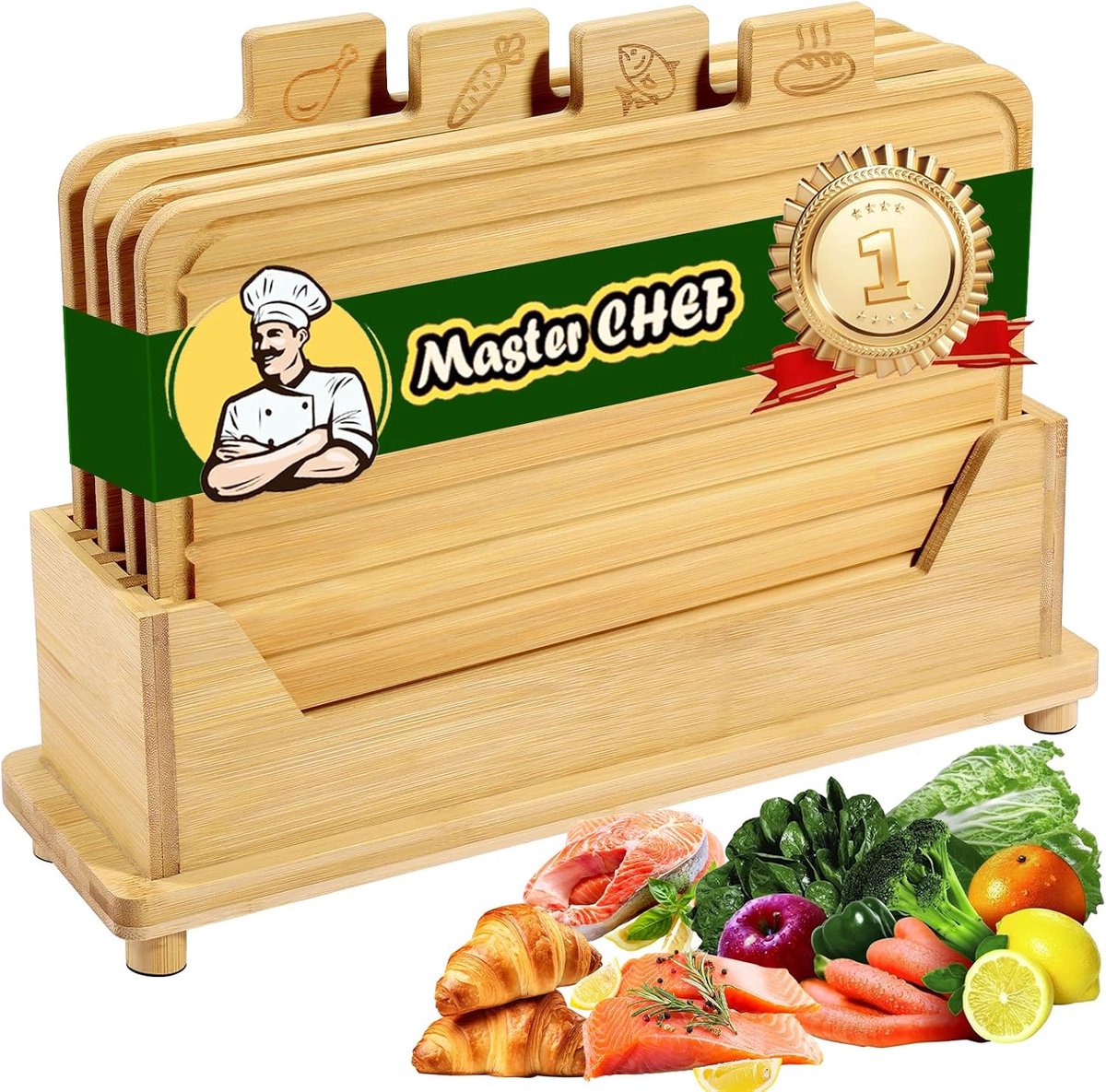 Set van 4 Bamboe Snijplanken met Houder - Houten Planken met Pictogrammen en Sapgroef