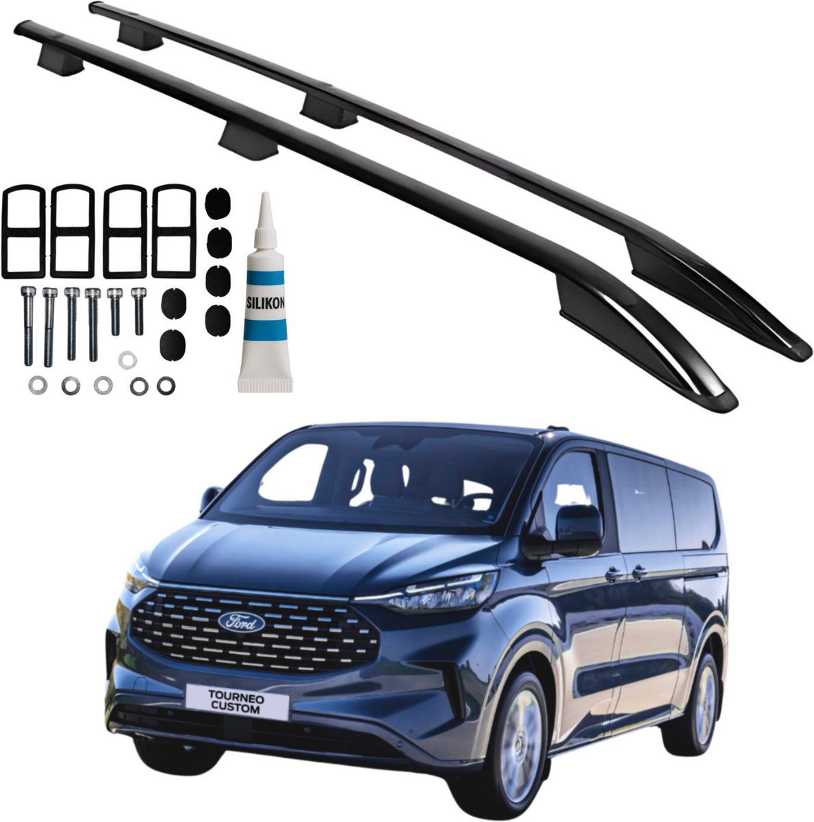 Dakrails voor Ford Transit Tourneo Custom L2 LONG vanaf 2023, kleur zwart.