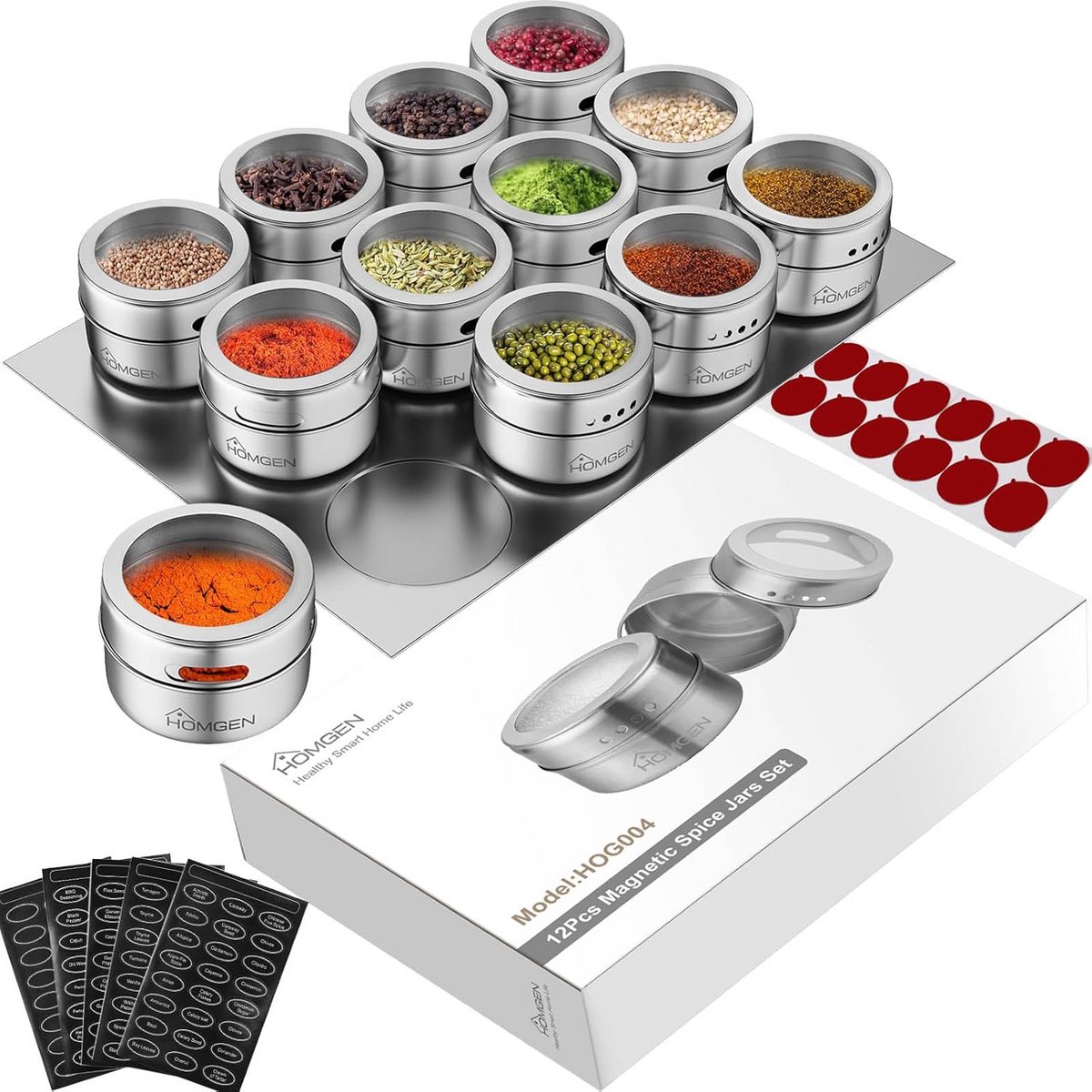 Magnetische Kruidenpotten Set (12 stuks) - RVS Specerijenpotten met Deksel en Magnetische Bodem voor Koelkast of BBQ