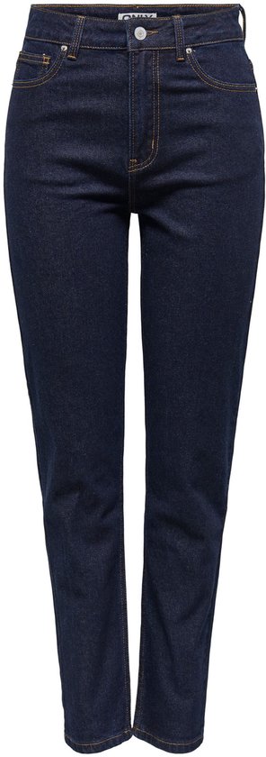 Rechtvallende donkerblauwe jeans met een hoge taille, frontaal getoond.