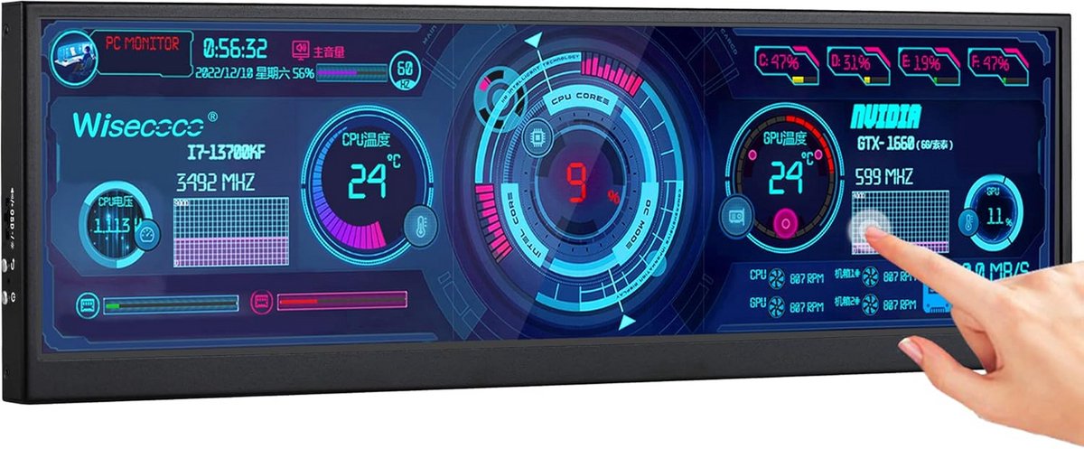 12.6 Inch FHD IPS Touchscreen Monitor, Ultragame Bar Display (1920x515) met Mini-HDMI voor Laptop & PC