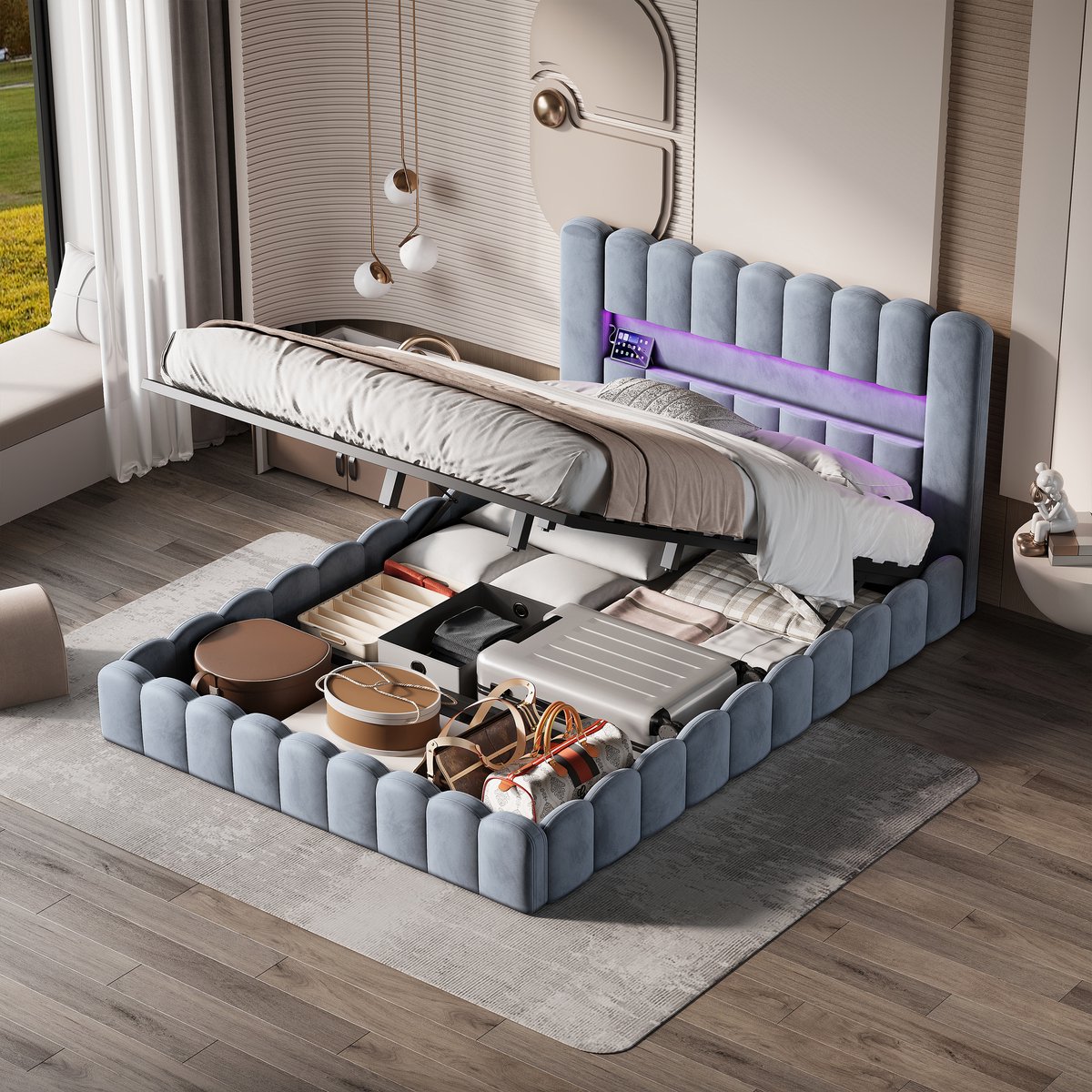 Opbergbed 180x200 Grijs met LED & USB-C – Gestoffeerd Linnen Bed