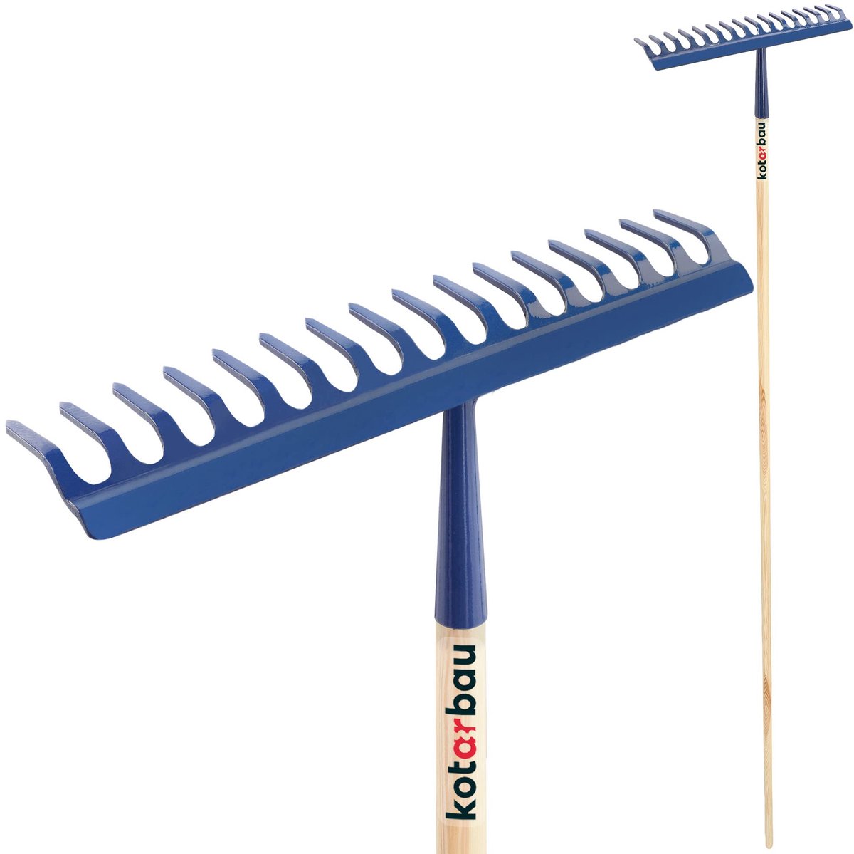 KOTARBAU® Tuinhark, Bladhark, Staal, 43 cm, Marineblauw, met Houten Steel, 155 cm, 16 Tanden, voor Gazon, Stevige Hark, Metalen Hark, Ergonomisch Tuingereedschap