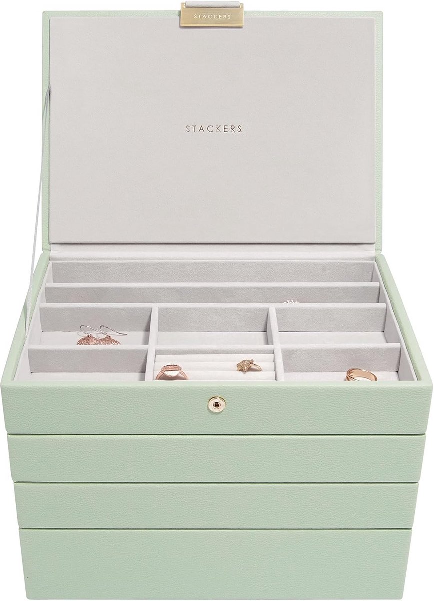 Middelgrote Saliegroene Juwelendoos Set van 4 - Luxe Sieradendoos met Vakken voor Ringen, Oorbellen en Horloges
