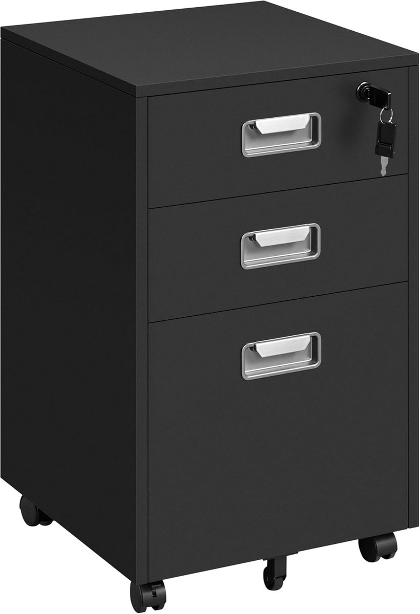 Mobiele Archiefkast met 3 Lades en Hangmappen Ruimte - Zwarte Rolcontainer voor Kantoor of Thuis