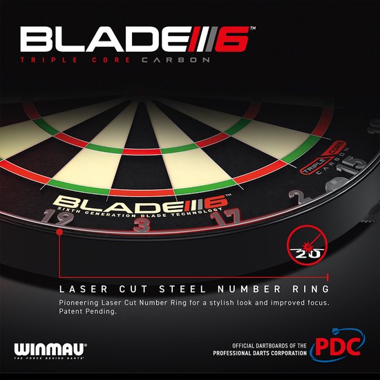 Winmau Blade 6 dartbord met "TRIPLE CORE CARBON" en "LASER CUT STEEL NUMBER RING".