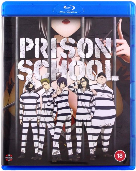 De Prison School Blu-ray cover met vijf jongens in gestreepte gevangenisuniformen.