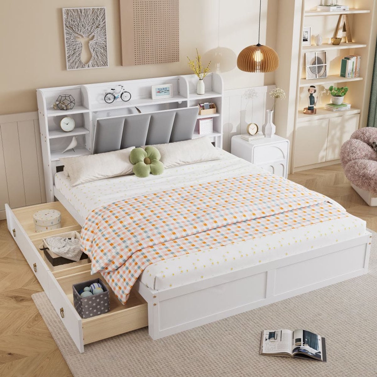 Bedframe – Tweepersoonsbed – Opbergbed – Met Lattenbodem – Metal Bed – Modern Design – 160x200 cm – Stevig Metalen Frame Met 3 Lade Opbergruimte & Liftdeksel