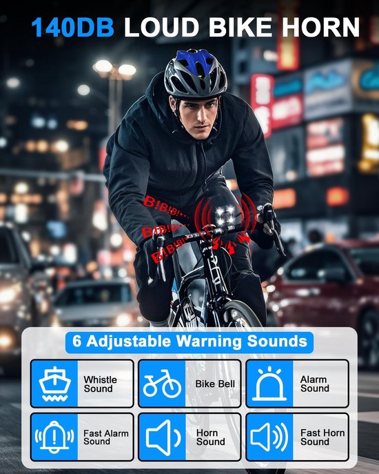 140dB 2 in 1 Fiets Hoorn + Koplamp - 6 Geluidsmodi - USB-C - IPX6 Waterdicht - Voor Fiets Step Ebike — afbeelding 4