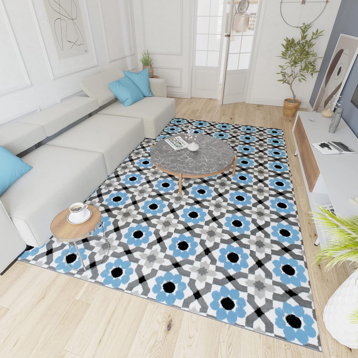 Modern Laagpolig Vloerkleed Grijs Blauw Rechthoekig - Tapijt Woonkamer Slaapkamer 300x400c