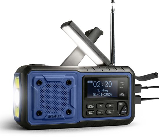 Liveablez® Noodradio Solar Opwindbaar & Batterij - DAB+/FM Draagbare Radio Oplaadbaar Met 5000mAh Powerbank Zonneenergie - Bluetooth - Zaklamp - Rampen - Noodpakket - Blauw