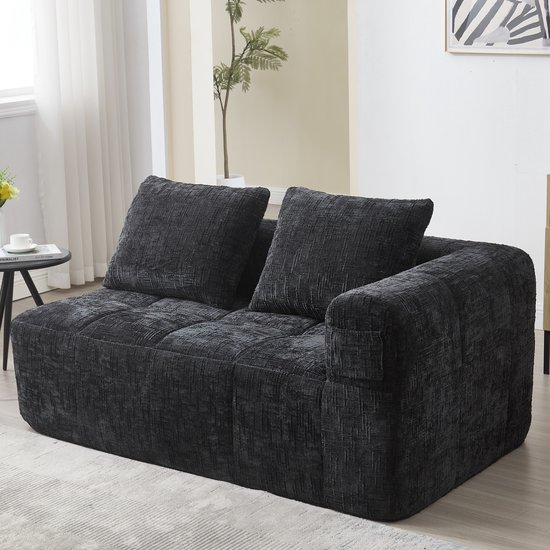 FloraGrace 2 Zits Bank 158 X 90 X 60 Cm - Chaise Longue Met Zijvakken En Kussen - Zachte Chenille - Zwart